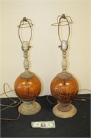 Set of Vintage Amber Crackle Glass Lamps