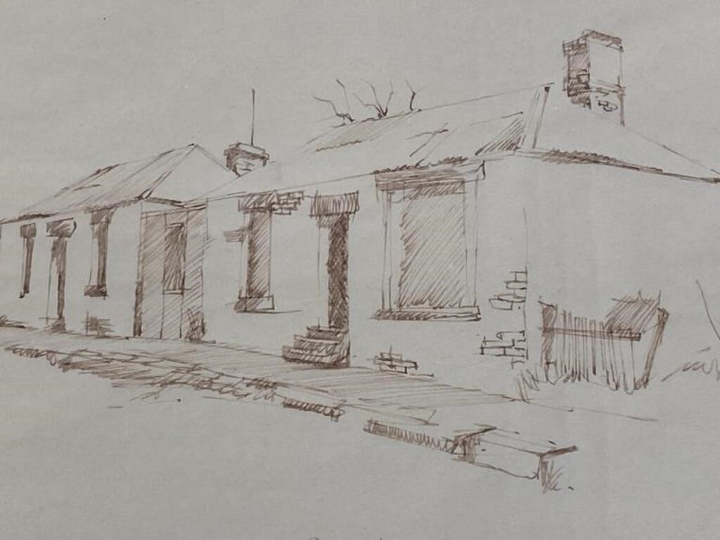 Cherney, Old Stone Cottages, Ink Drawing, Signed