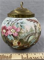 Antique Tapestry Porcelain Brass Covered Jar