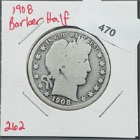1908 90% Silver Barber Half $1 Dollar