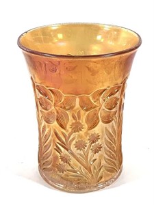 Floral Marigold Carnival Glass Cup 4"H