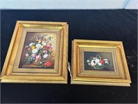 2pc Paintings Signed Floral Still Life Gilt Frames
