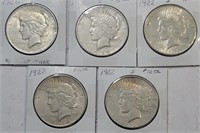 (5) 1922 Peace Silver Dollars **