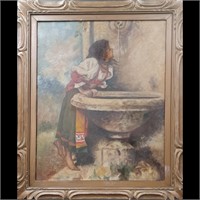 After Léon Bonnat "Roman Girl At Fountain" Oil On