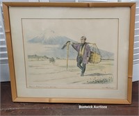 Farmer/work pencil signed Asian? In bamboo frame
