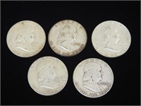 Five Silver Franklin Half Dollars