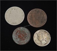 Two V-Nickels, Indian Head Penny & Mercury Dime