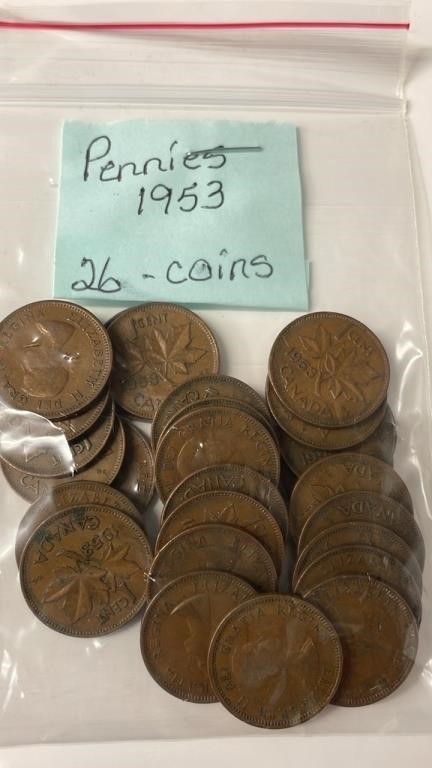 26 1953 Canadian Pennies