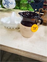 POTTERY PITCHER AND MILK GLASS DISH