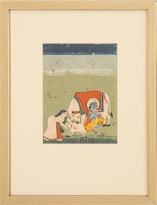 Krishna & Radha Milking Cow Watercolor, 19th C.