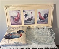 Rooster Picture, Mallard Pillow and Glass Bowl