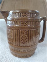 Vintage Stoneware Brown Barrel Water Milk Pitcher