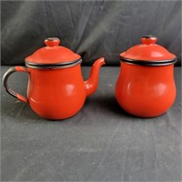 Enamelware Small Teapot and Grease Jar