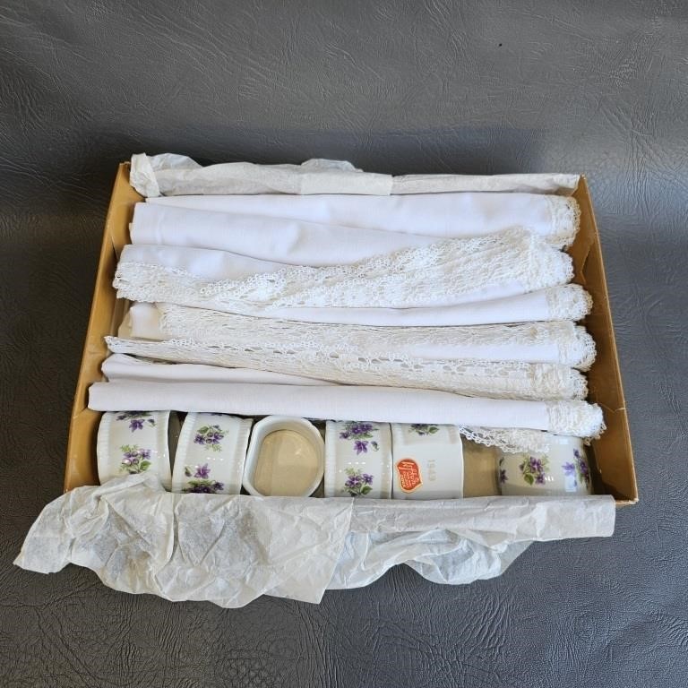 Vintage Napkins & Lefton Porcelain Rings