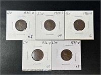 1925-D, 27-D Lincoln Cents G-VF (5 coins)