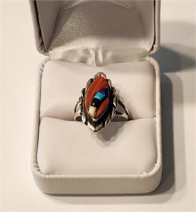Vtg Zuni Inlaid Sterling Coral Turquoise Ring
