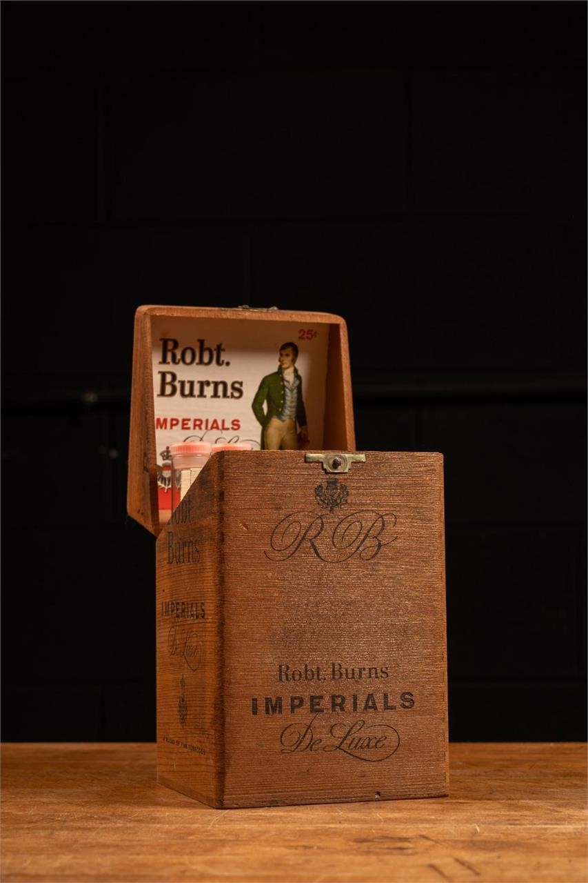 VTG Robert Burns Cigar Box with Glass Cigar Tubes