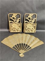 Floral Brass Bookends & Floral Fan Wall Hanging