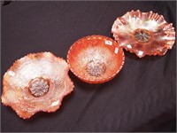 Three pieces of marigold vintage carnival glass: