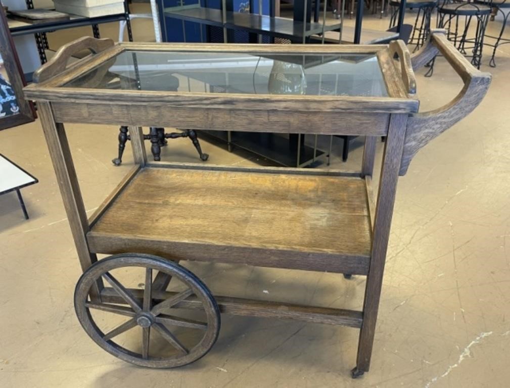 Oak Tea Cart with Glass Tray