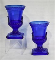 Pair Pressed Glass Cobalt Glass Urn Vases 8"h