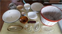Wooden Basket and Glassware Lot