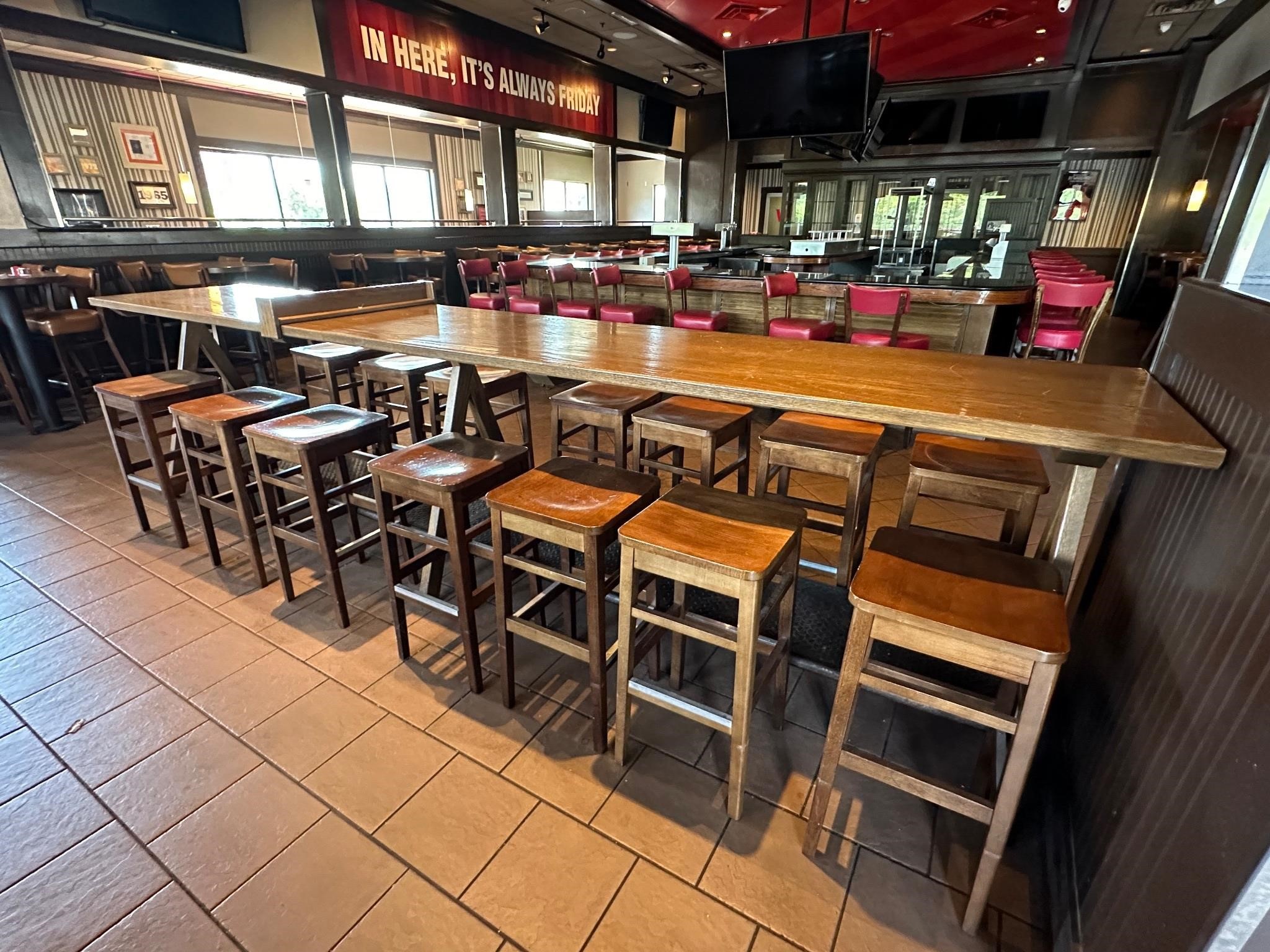 Long Wood Table with 14 Matching Stools