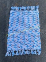 Pink Blue and White Hand Knitted Throw Rug