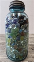 Vintage Quart Blue Ball Jar Full of Marbles w/Lid!