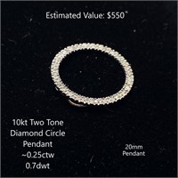 10kt Two Tone Diamond Circle Pendant, ~0.25ctw