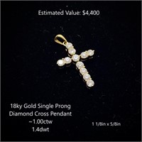 18kt Sinlge Prong Diamond Cross Pendant, ~1.00ctw