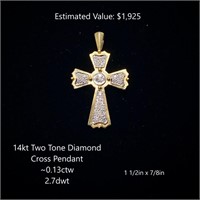 14kt Two Tone Diamond Cross Pendant, ~0.13ctw