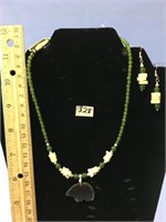 16" jade, ivory, baleen necklace and earrings set