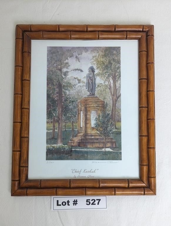 CHIEF KEOKUK PRINT BY HUANNA GLASS FRAMED, SIGNED,