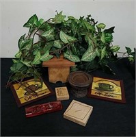 Artificial greenery, coffee wall decor, candle