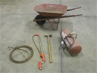 Wheelbarrow, Portable Air Tank, Sledge Hammer &