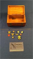 Wooden jewelry box with vintage pins