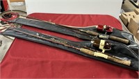 2 antique fishing rod & reels with cases