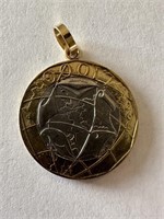 14K GOLD HOOP MOUNTED TO 1000 LIRA COIN PENDANT