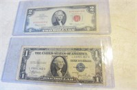 Vintage Money $1 & $2 Bills Silver Certificates