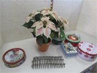 Christmas Tins, Silk Flower in Pot, Small wire