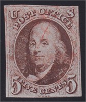 US Stamps #1 used bright and fresh 5 cent, CV $350