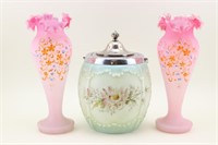 Pr. Victorian Glass Vases & Biscuit Jar