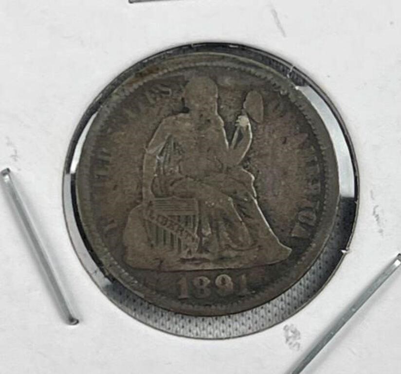 1891 Silver Seated Liberty Dime, US
