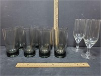 8 Vintage Smokey Gray Drinking Glasses And 2 Wine