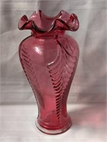 Fenton cranberry glass feather plume vase