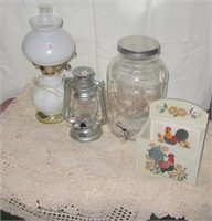 Tea jug, milk glass lamp, lantern, recipe box,