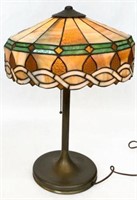 Antique Lamp with Old Stained Glass Shade.