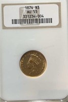 1874 Three Dollar Indian Gold NGC AU 55 Super