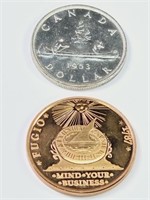 1953 Silver Canadian Dollar, 1oz Copper Fugio Copy